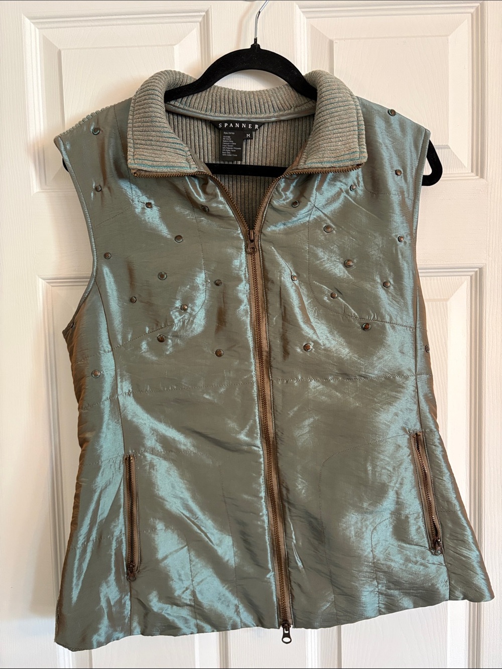 SPANNER Shiny Sage Green Iridescent Studded Detail Zip-Front Vest
